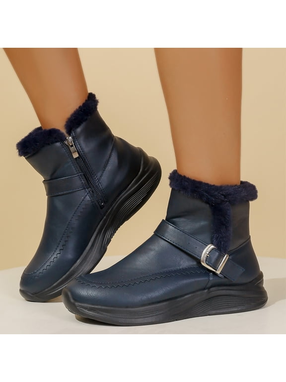 Winter Boots for Women Warm Ankle Booties Fur Lined Buckle Accent Plush Collar Thermal Shoes Non Slip Thick Sole Insulated Footwear for Cold Weather Navy US-8 (EU-41)