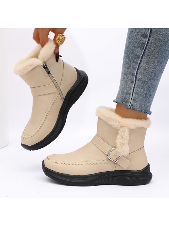 Winter Boots for Women Warm Ankle Booties Fur Lined Buckle Accent Plush Collar Thermal Shoes Non Slip Thick Sole Insulated Footwear for Cold Weather Beige US-8 (EU-41)