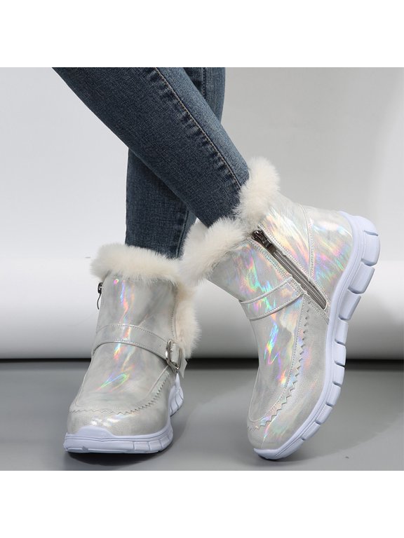 Winter Boots for Women Warm Ankle Booties Fur Lined Buckle Accent Plush Collar Thermal Shoes Non Slip Thick Sole Insulated Footwear for Cold Weather Silver US-8 (EU-41)