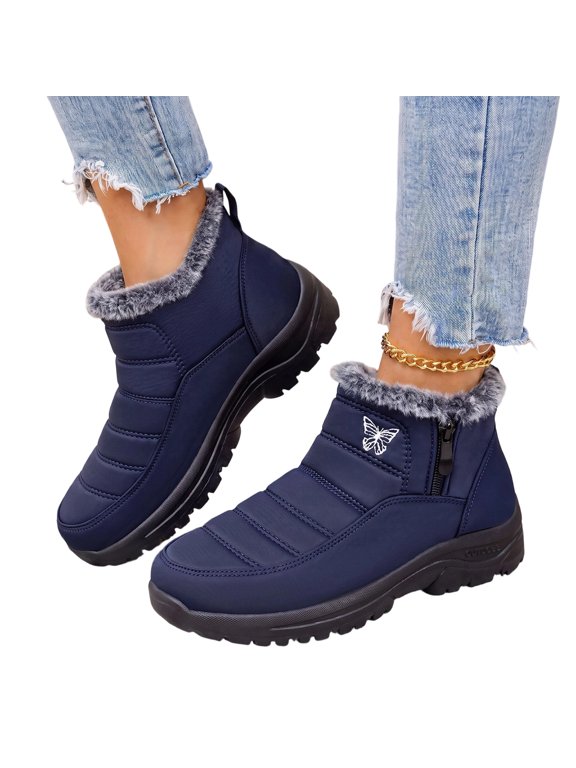 Winter Boots for Women Warm Ankle Booties Fur Lined Side Zip Snow Shoes Butterfly Embroidered Plush Collar Non Slip Thermal Booties for Cold Weather Gray US-8.5 (EU-41)