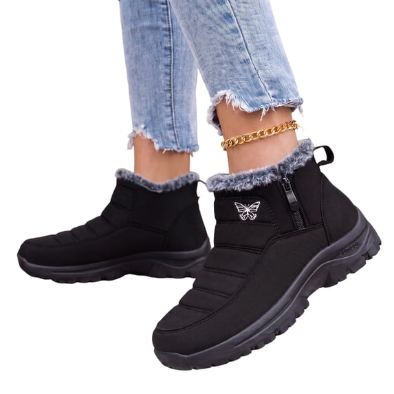 NexTorq Winter Boots for Women Warm Ankle Booties Fur Lined Side Zip Snow Shoes Butterfly Embroidered Plush Collar Non Slip Thermal Booties for Cold Weather Black US-6 (EU-36)