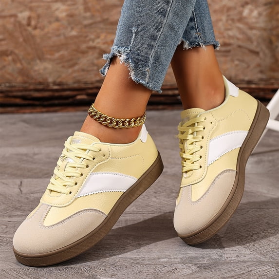NexTorq Women Classic Retro Gum Sole Fashion Sneakers Casual Tennis Skate Shoe Genuine Leather Walking Footwear Anti Slip Trainers Yellow 42