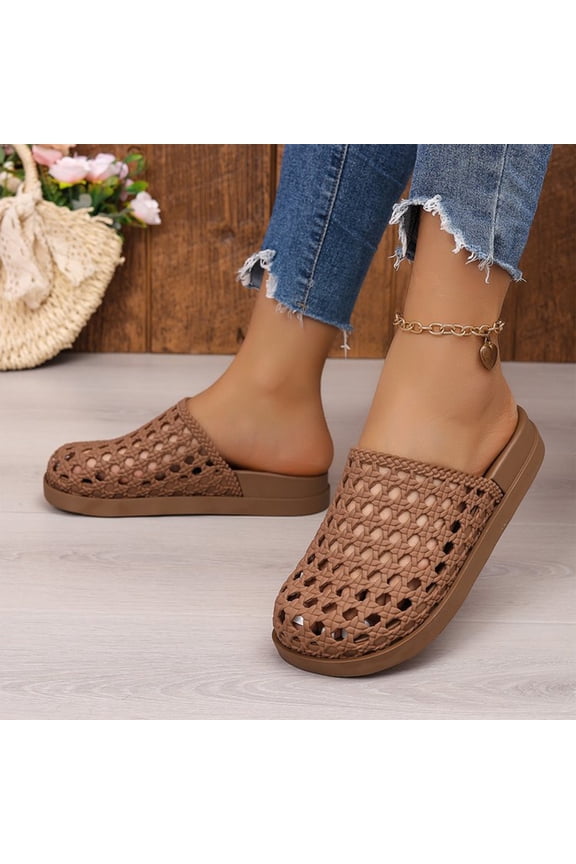 Women Flat Sandals Mesh Knit Hollow Braided Summer Breathable Openwork Cushioned Non Slip Slip-On Dressy Casual Vacation Bohemian Cute Slides, Khaki, 38