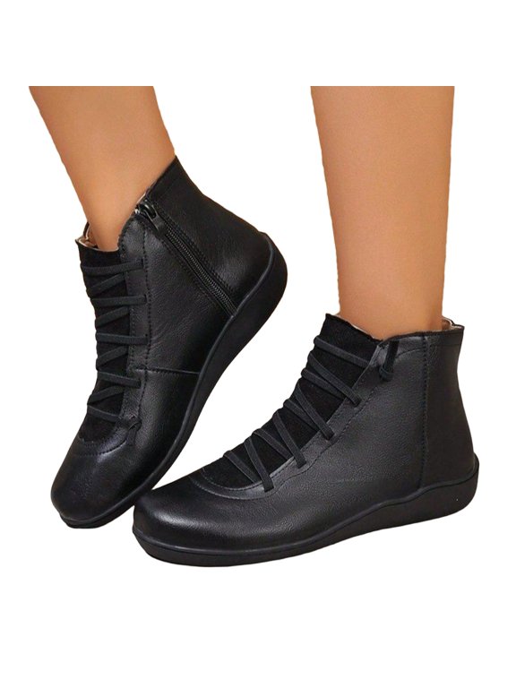 Women's Ankle Boots, Arch Support, Fashion Lace Up & Side Zipper, Vintage Retro Ankle Booties, Comfortable Slip On, Flat Low Heel Boots, Fall Boots Black US-8 (EU-41)