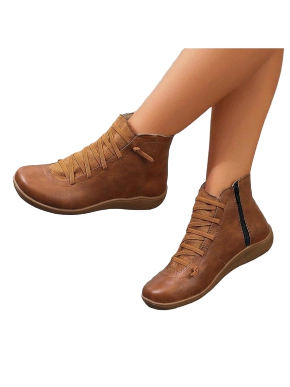 Women's Ankle Boots, Arch Support, Fashion Lace Up & Side Zipper, Vintage Retro Ankle Booties, Comfortable Slip On, Flat Low Heel Boots, Fall Boots Light Brown US-8 (EU-41)