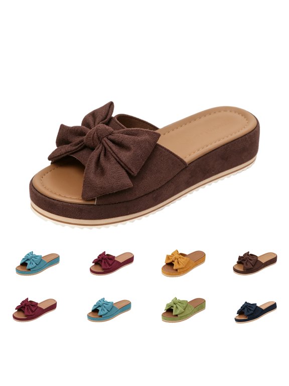 Women’s Bow Knot Suede Wedge Slide Sandals, Open Toe Comfort Slippers, Lightweight Summer Footwear, Casual & Everyday Wear, Coffee, 42