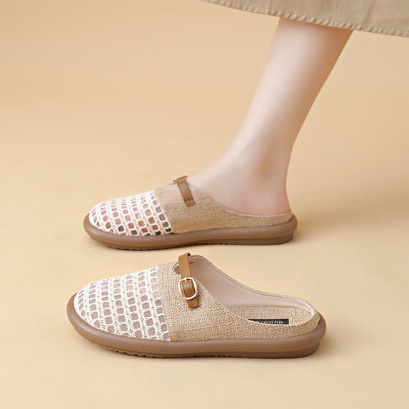 NexTorq Women's Breathable Linen Mesh Closed Toe Mules, Hollow Out Summer Clogs, Lightweight Casual Slip On Shoes with Adjustable Metal Buckle, White, 39
