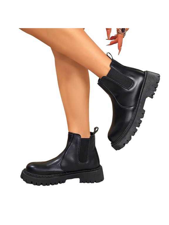 Women's Chelsea Combat Boots, Chunky Platform Ankle Boots | Dressy Casual Lug Sole Combat Short Booties, Memory Foam Cushioning, for Work Outfits, City Nights and Travel Black US-5 (EU-35)