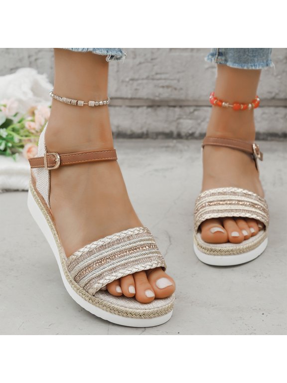 Women's Espadrilles Orthopedic Wedge Platform Sandals 2026 Flat Open Toe Ankle Comfortable Strappy Slip on Beach Boho Wide Width Casual Sandals, Gold, 36