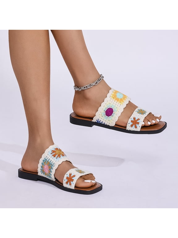 Women's Floral Crochet Sandals Open Toe Double Strap Flat Sandals Slip On Outdoor Casual Slides, Beige, 37
