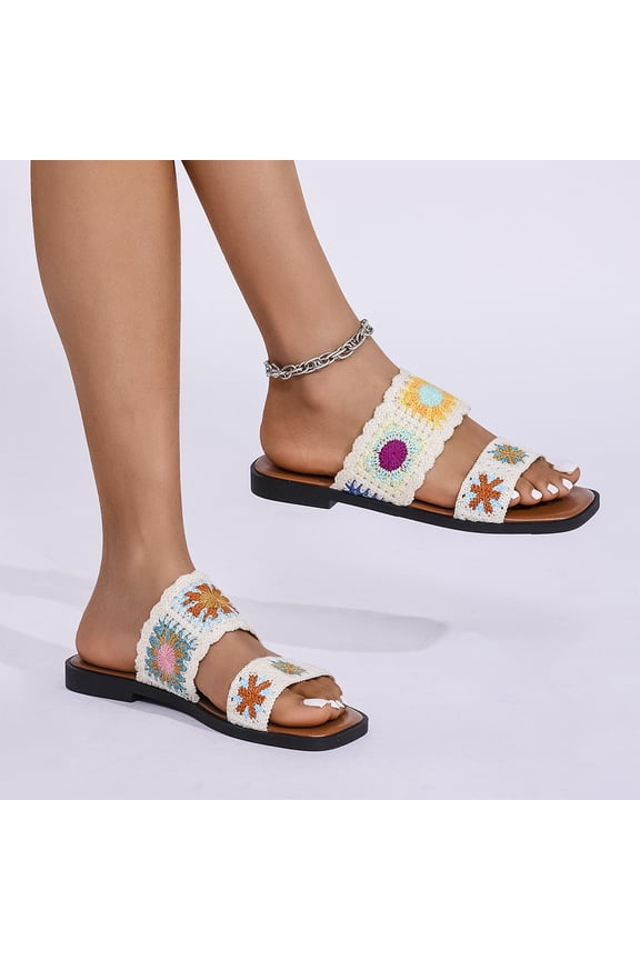 Women's Floral Crochet Sandals Open Toe Double Strap Flat Sandals Slip On Outdoor Casual Slides, Beige, 37
