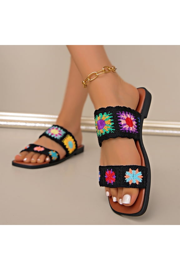 Women's Floral Crochet Sandals Open Toe Double Strap Flat Sandals Slip On Outdoor Casual Slides, Black, 37