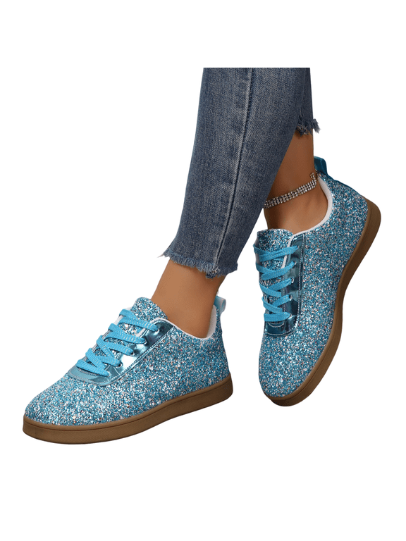 Women's Glitter Sneakers Sparkly Casual Shoes Fashion Walking Flat Sole Comfortable Athletic Footwear for Party Daily Wear Travel for Everyday Wear Blue US-9 (EU-41)