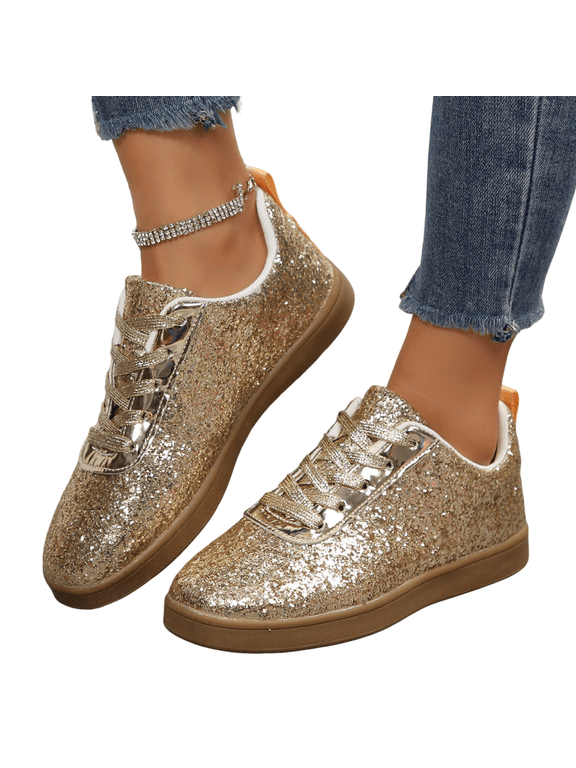 Women's Glitter Sneakers Sparkly Casual Shoes Fashion Walking Flat Sole Comfortable Athletic Footwear for Party Daily Wear Travel for Everyday Wear Gold US-9 (EU-41)