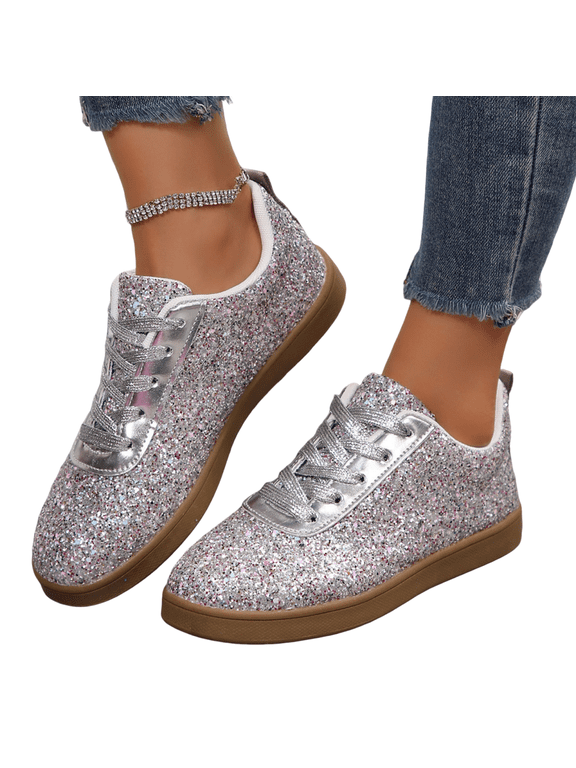 Women's Glitter Sneakers Sparkly Casual Shoes Fashion Walking Flat Sole Comfortable Athletic Footwear for Party Daily Wear Travel for Everyday Wear Silver US-9 (EU-41)