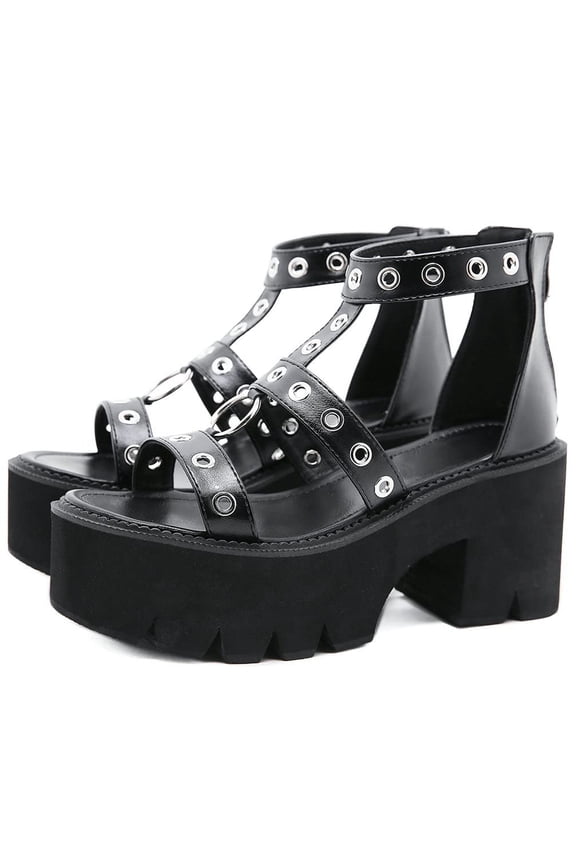 Women's Goth Black Platform Sandals Ankle Strap Chunky High Heels Open Toe Slingback Roman Gladiator Shoes, Black, 6