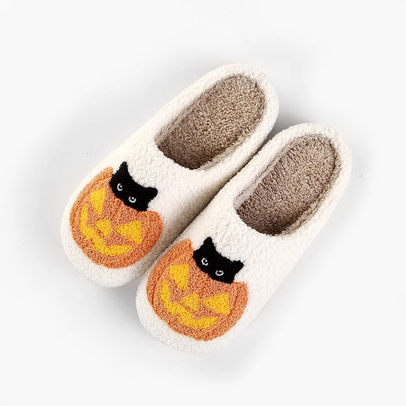 NexTorq Women's Halloween Pumpkin & Black Cat Pattern Winter Cotton Slippers - Halloween Slippers for Women Warm and Cozy Fleece House Shoes for Holiday Bedroom Wear White 7.5