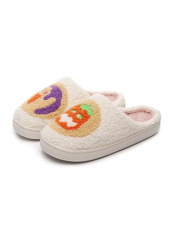 Women's Halloween Pumpkin Print Cotton Slippers - Cute Ghost & Cookie Design Fleece Lined Slide House Shoes for Indoor Cozy Home Wear Halloween Slippers Bedroom Slippers Beige 5.5