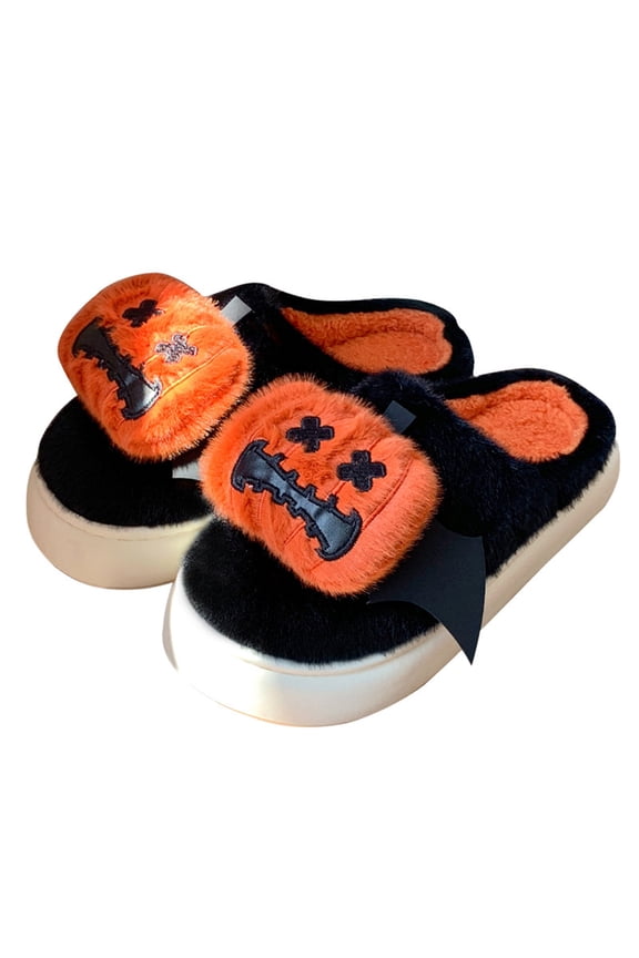 Women's Halloween Pumpkin Slippers with Bat Wings - Thick Sole Platform Cozy Plush Clog House Shoes for Winter Halloween Slippers for Women Home Slippers Black 5.5