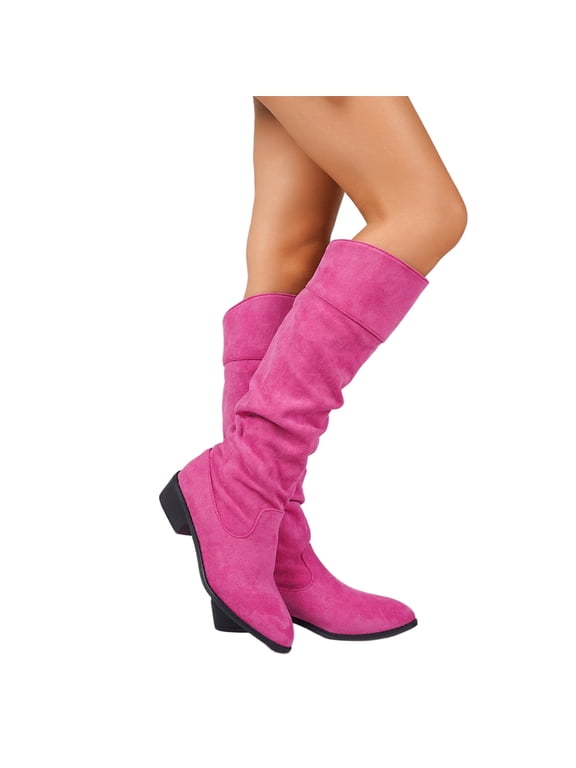 Women's Knee-High Boots Comfortable Low Heel Almond Toe Wide Calf Side Zip Fall Winter Long Boots Hot Pink US-8.5 (EU-41)