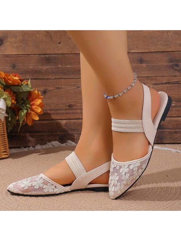 Women's Lace Slingback Clear Embroidered Closed Pointed Toe Sandals Mesh Pumps Shoes Wedding Shoes for Bride Slingback Bridal Prom Flats, Beige, 36