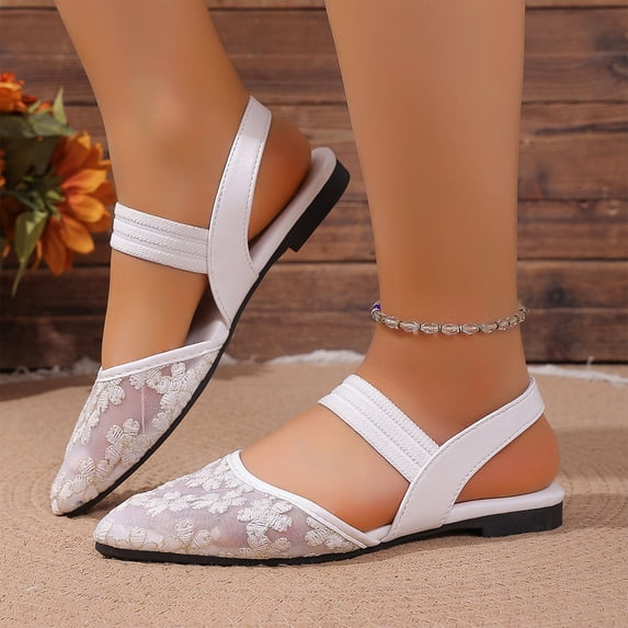 NexTorq Women's Lace Slingback Clear Embroidered Closed Pointed Toe Sandals Mesh Pumps Shoes Wedding Shoes for Bride Slingback Bridal Prom Flats, White, 41