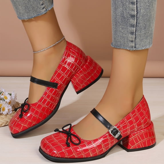 NexTorq Women's Mary Jane Shoes Block Heel Dress Pumps with Bow One Strap Square Toe Crocodile Embossed Footwear for Party Work and Everyday Elegant Wear Red US-7.5 (EU-40)