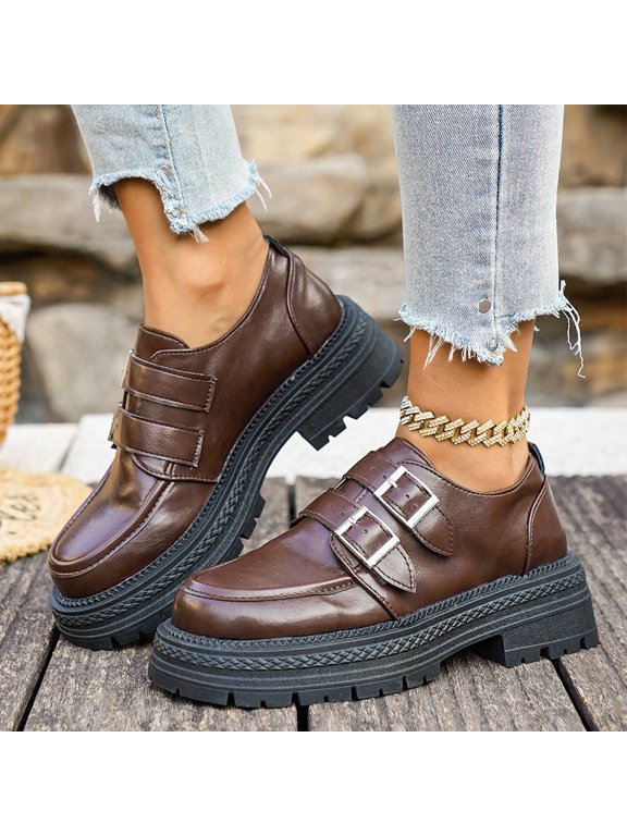 Women's Monk Strap Shoes Double Buckle Platform Loafers Almond Toe Chunky Heel Vintage British Style Thick Sole Footwear for Work and Everyday Wear Brown US-7.5 (EU-40)