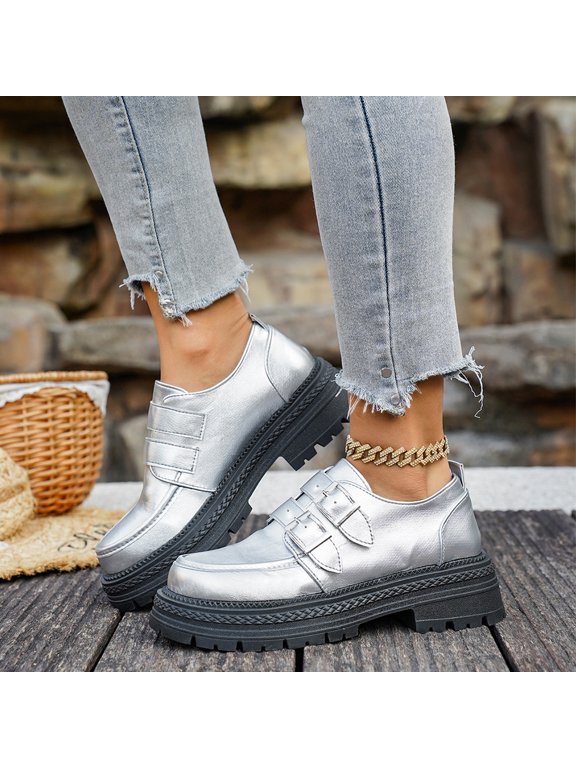 Women's Monk Strap Shoes Double Buckle Platform Loafers Almond Toe Chunky Heel Vintage British Style Thick Sole Footwear for Work and Everyday Wear Silver US-7 (EU-39)