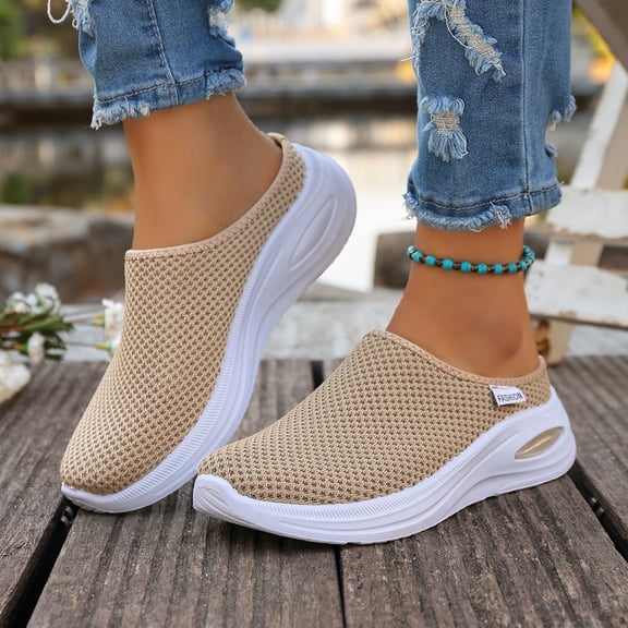 NexTorq Women's Mules, Backless Sneakers for Women, Ladies Lightweight Knitted Mesh Fabric Non-Slip Rubber Soles Garden Shoes Breathable Beach Shoes Clogs Mules Shoes, Beige, 7