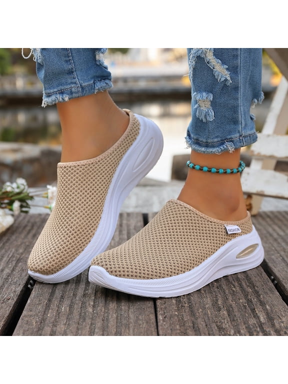 Women's Mules, Slip On Shoes for Women, Casual Shoes for Women, Backless Sneakers for Women, Mesh Shoes, Womens Breathable Mesh Walking Mules Sneakers Open Back Slip On Shoes, Beige, 6.5