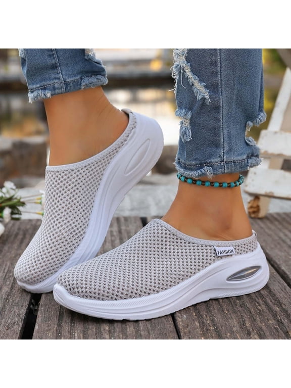 Women's Mules, Slip On Sneakers Women, Women's Summer Shoes, Backless Sneakers, Women's Slip-On Mule Sneaker Breathable Mesh Tennis Shoes Light Weight Weaving Slippers, Gray, 6.5