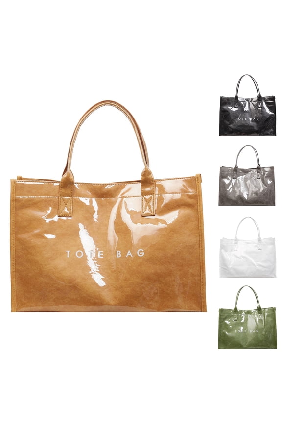 Women's PVC Tote Bag Large Letter Print Shoulder Bag Kraft Paper Work Handbags Purses with Top Handle Commuting Hand-Held Storage Bag, Brown