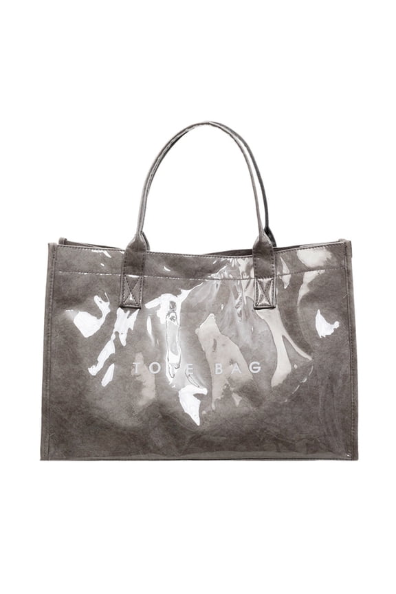 Women's PVC Tote Bag Large Letter Print Shoulder Bag Kraft Paper Work Handbags Purses with Top Handle Commuting Hand-Held Storage Bag, Gray