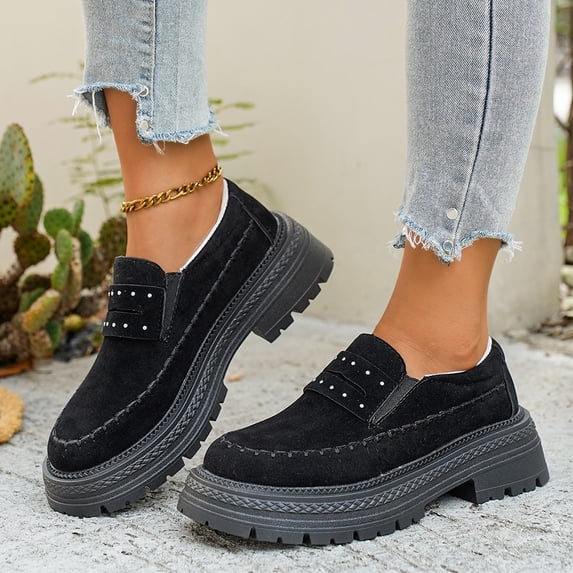NexTorq Women's Platform Loafers Chunky Heel Moc Toe Shoes with Studs Retro British Style Thick Sole Comfortable Footwear for Work Walking and Everyday Wear Black US-9 (EU-43)