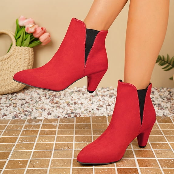 NexTorq Women's Pointed Toe Suede Chelsea Ankle Boots Cone Mid Heel Pull-On Short Boots for Fall Winter Office Dress Outfits and Everyday Casual Weekend Wear All Day Comfort Red US-8.5 (EU-42)