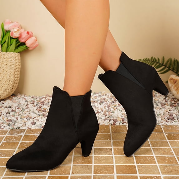 NexTorq Women's Pointed Toe Suede Chelsea Ankle Boots Cone Mid Heel Pull-On Short Boots for Fall Winter Office Dress Outfits and Everyday Casual Weekend Wear All Day Comfort Black US-5.5 (EU-36)
