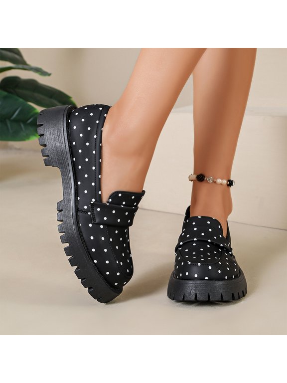 Women's Polka Dot Loafers Chunky Platform Slip-On Shoes Round Toe Thick Sole Casual Dress Footwear for Everyday Work Walking and All Day Comfort Black US-8 (EU-41)
