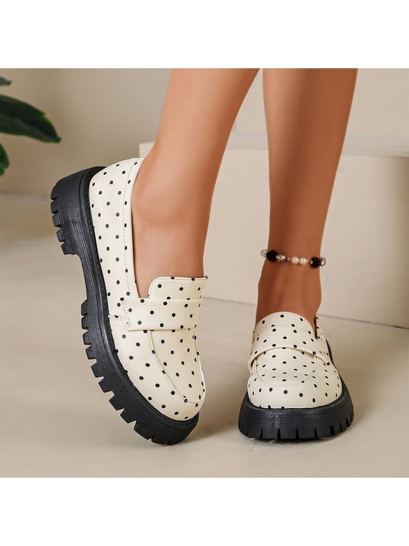 Women's Polka Dot Loafers Chunky Platform Slip-On Shoes Round Toe Thick Sole Casual Dress Footwear for Everyday Work Walking and All Day Comfort White US-8 (EU-41)