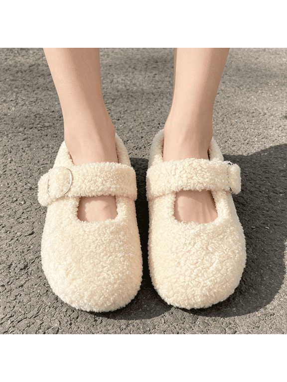 Women's Slip On Fuzzy Mary Jane Flats Comfy Faux Shearling for Winter Warm Artificial Lamb Wool Indoor Outdoor Casual Shoes and House Slippers, Beige, 37