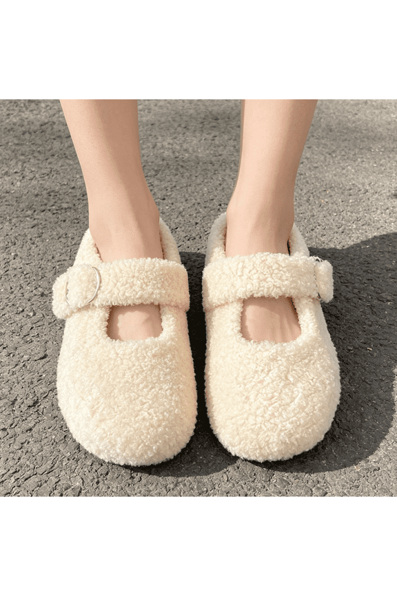 Women's Slip On Fuzzy Mary Jane Flats Comfy Faux Shearling for Winter Warm Artificial Lamb Wool Indoor Outdoor Casual Shoes and House Slippers, Beige, 37