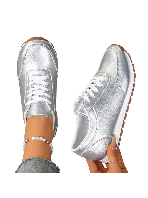 Women's Sneakers Fashion Shoes Leather Casual Walking Flat Sole Comfortable Athletic Footwear for Party Daily Wear Travel for Everyday Wear and Casual Silver US-8 (EU-41)