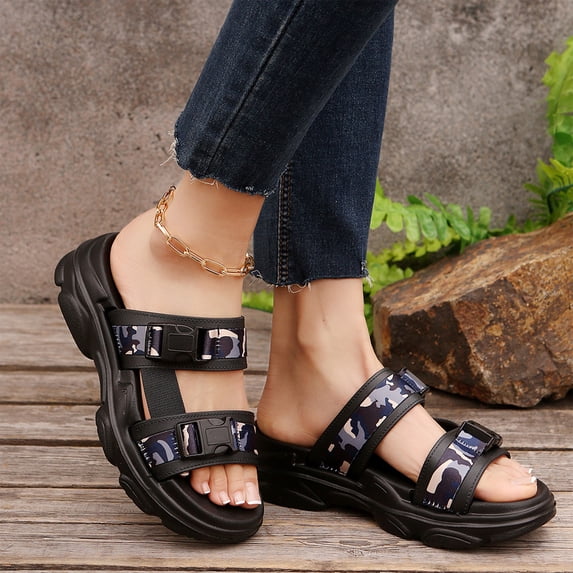 NexTorq Women’s Sports Platform Sandals Print Soft Open Toe Sandals Summer Beach Breathable Hiking Athletic Walking Outdoor Shoe, Black, 5.5