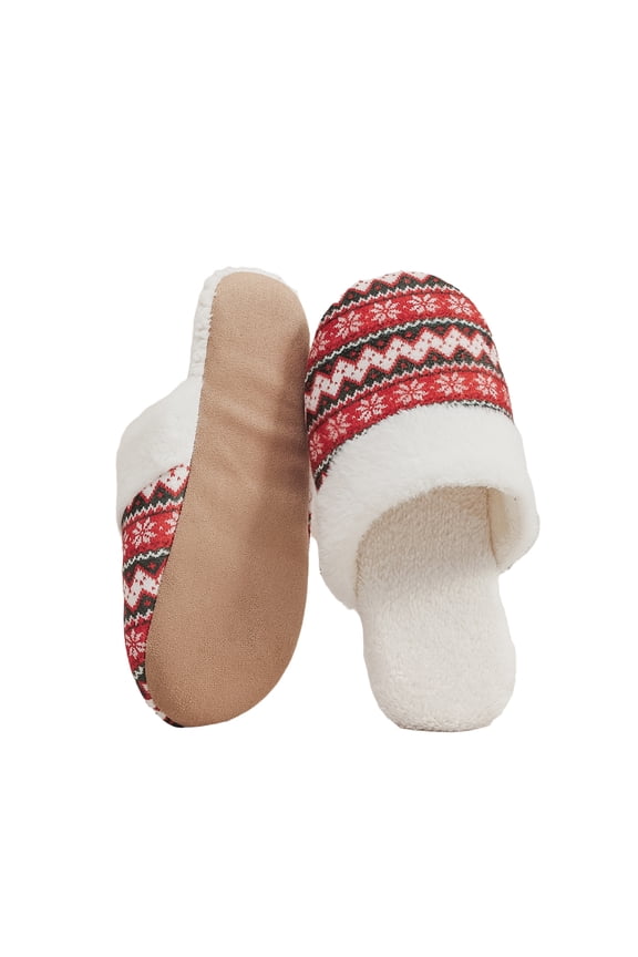 Women's Winter Fair Isle House Slippers - Fuzzy Slippers for Women Cozy Furry Trim Fleece Lined Non-Slip Quiet Indoor Bedroom Shoes Red 7.5