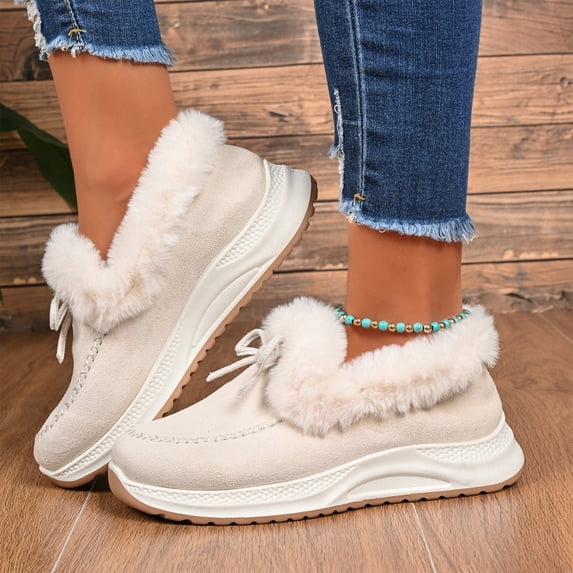 NexTorq Women's Winter Shoes Fuzzy Lined Warm Slip-On Boots with Bow Thick Sole Moc Toe Cozy Cold Weather Footwear for Walking and Everyday Comfort Wear Beige US-6 (EU-37)