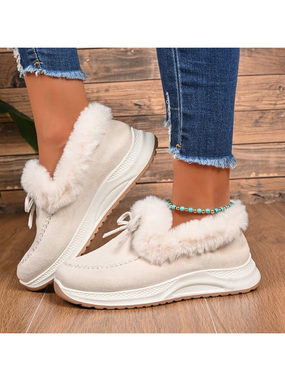 Women's Winter Shoes Fuzzy Lined Warm Slip-On Boots with Bow Thick Sole Moc Toe Cozy Cold Weather Footwear for Walking and Everyday Comfort Wear Beige US-8 (EU-41)