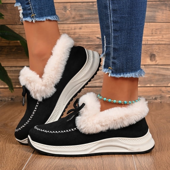 NexTorq Women's Winter Shoes Fuzzy Lined Warm Slip-On Boots with Bow Thick Sole Moc Toe Cozy Cold Weather Footwear for Walking and Everyday Comfort Wear Black US-7.5 (EU-40)