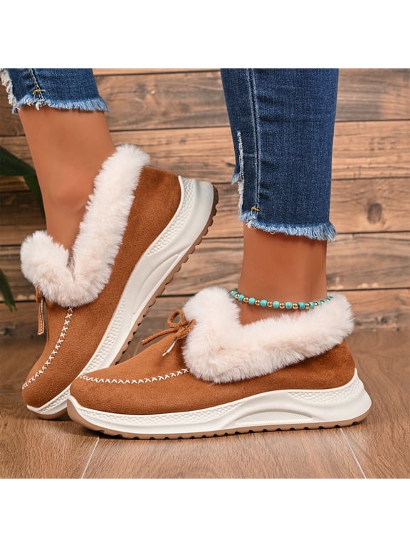 Women's Winter Shoes Fuzzy Lined Warm Slip-On Boots with Bow Thick Sole Moc Toe Cozy Cold Weather Footwear for Walking and Everyday Comfort Wear Camel US-8.5 (EU-42)