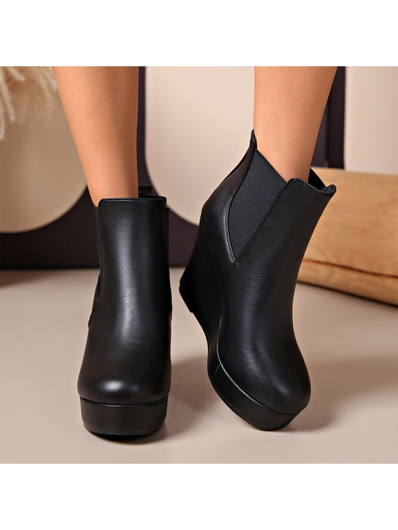Womens Chelsea Wedge Ankle Boots, Platform High Heel Booties, Elastic Side Panel Dress Boots, Slip On Fashion Shoes for Fall, Winter and Evening Outfit Black US-8 (EU-41)