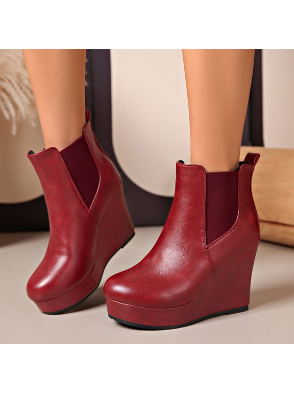 Womens Chelsea Wedge Ankle Boots, Platform High Heel Booties, Elastic Side Panel Dress Boots, Slip On Fashion Shoes for Fall, Winter and Evening Outfit Red US-8 (EU-41)
